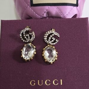 Gucci Gold-Tone GG Crystal Drop Earrings with Clear Oval Stones